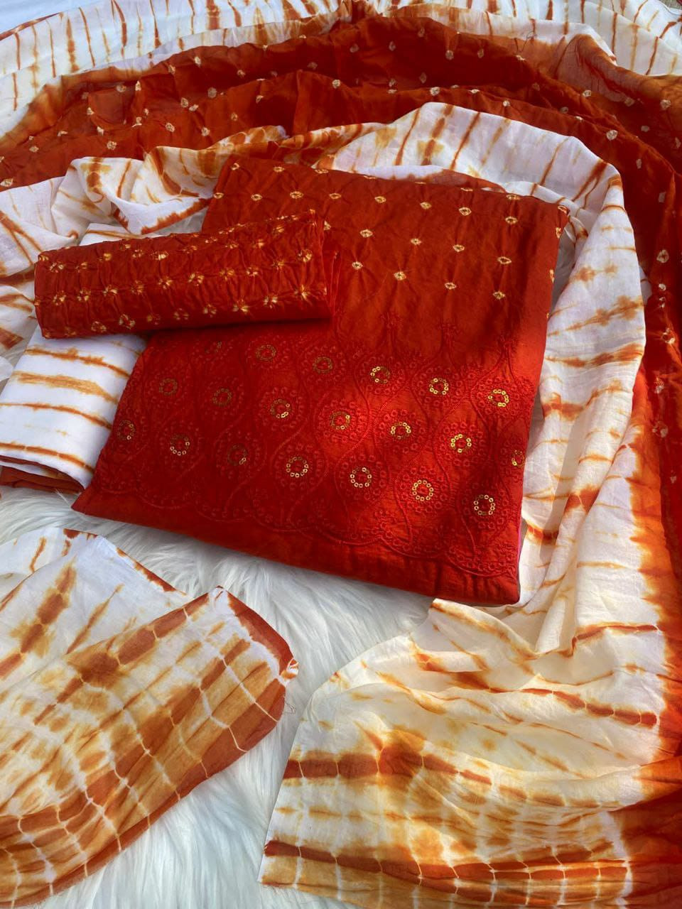 ​Product Title: ​English: Premium Vegetable Chicken (Tie-Dye) ​বাংলা: প্রিমিয়াম ভেজিটেবল চিকেন কাজ করা বুটিকস থ্রি-পিস (টাই-ডাই) ​?