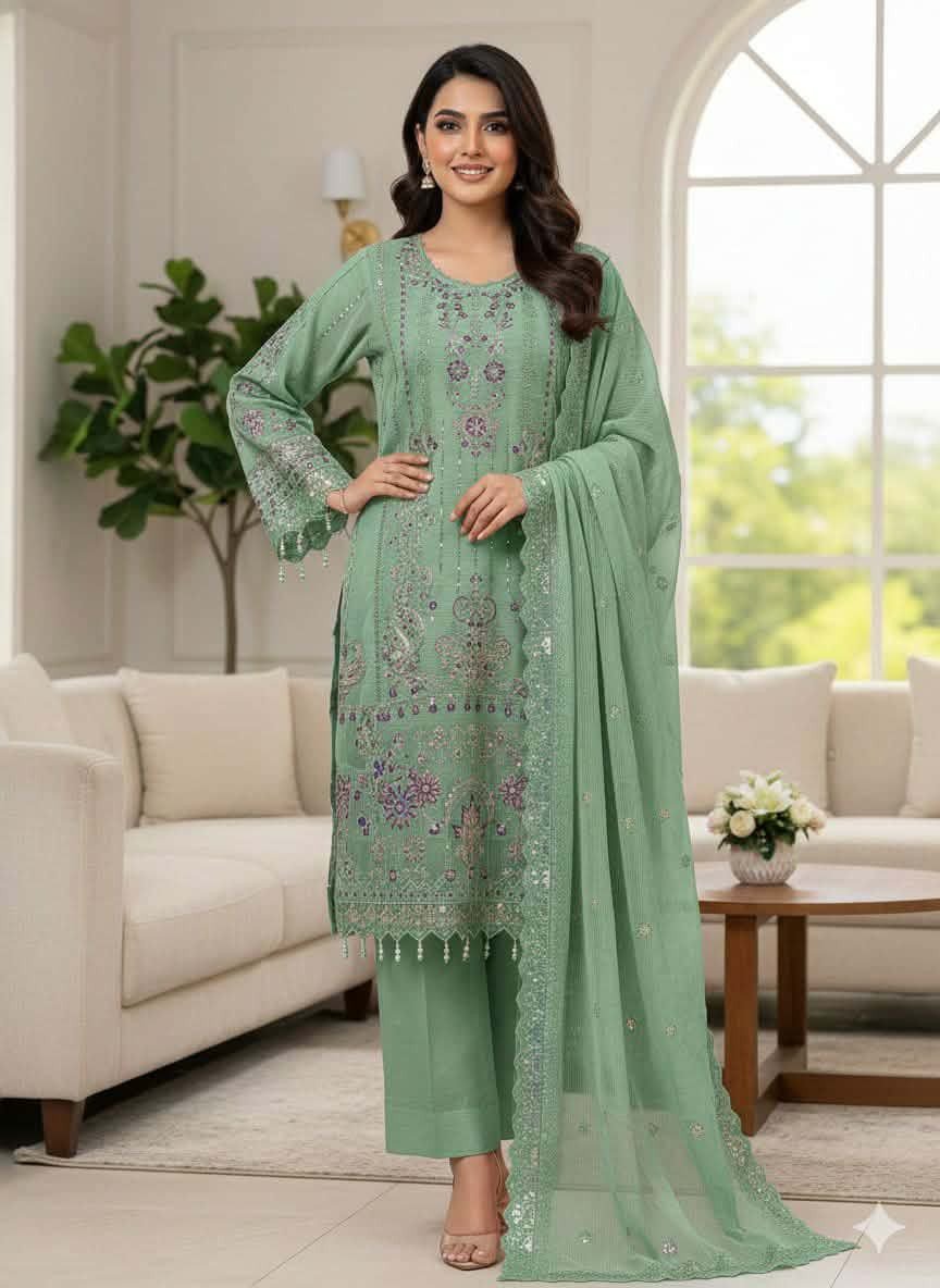 Premium Luxury Chiffon Embroidery & Sequence Work Three-Piece _প্রিমিয়াম লাক্সারি শিফন এমব্রয়ডারি ও সিকুইন ওয়ার্ক জমকালো থ্রি-পিস