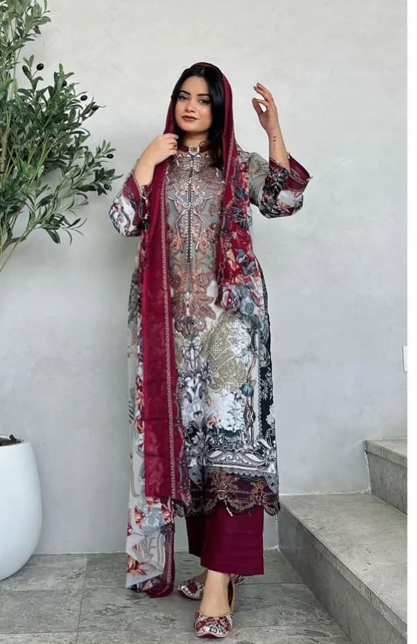Readymade Digital Print Three-Piece with Lace Work. ডিজিটাল প্রিন্ট লেস ওয়ার্ক রেডিমেড থ্রি-পিস (সম্পূর্ণ তৈরি)