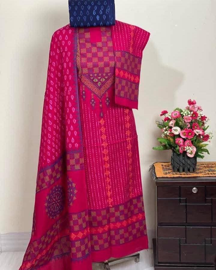 ​? ব্লক প্রিন্ট আনস্টিচ থ্রি-পিস (Premium Collection) ?
