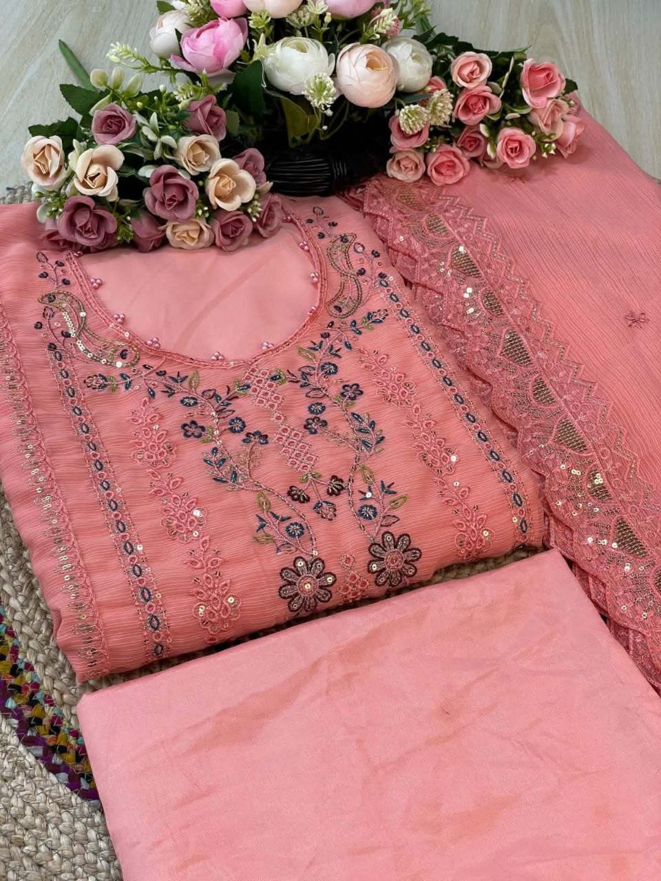 Premium Luxury Chiffon Embroidery & Sequence Work Three-Piece/ -প্রিমিয়াম লাক্সারি শিফন এমব্রয়ডারি ও সিকুইন ওয়ার্ক জমকালো থ্রি-পিস