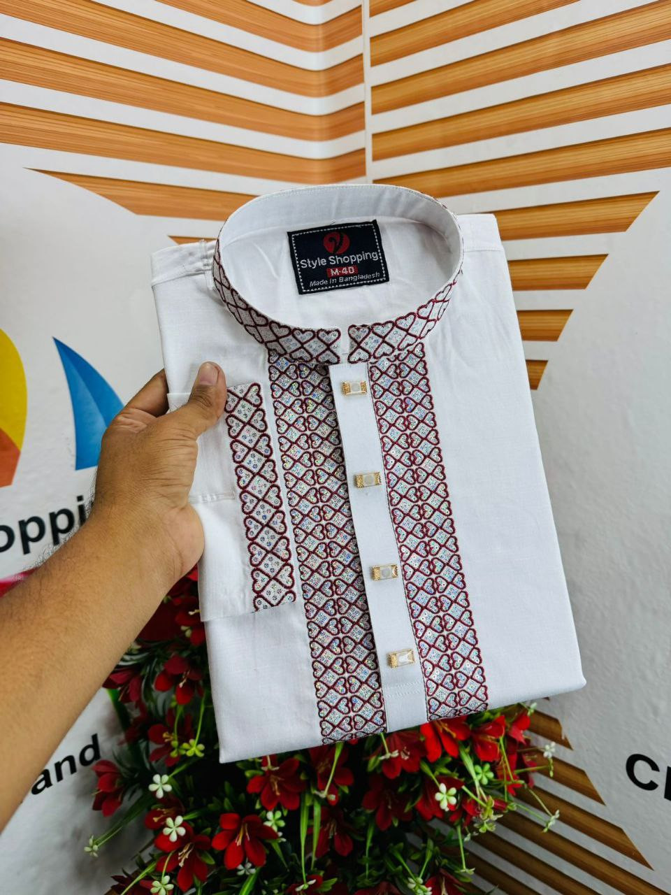 Premium Embroidery Satin Cotton Panjabi with Multi-Color Sequence