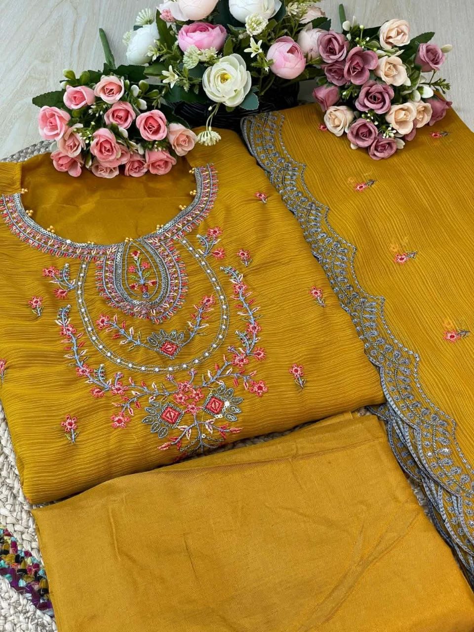 Premium Luxury Chiffon Embroidery & Sequence Work Three-Pieceপ্রিমিয়াম লাক্সারি শিফন এমব্রয়ডারি ও সিকুইন ওয়ার্ক জমকালো থ্রি-পিস