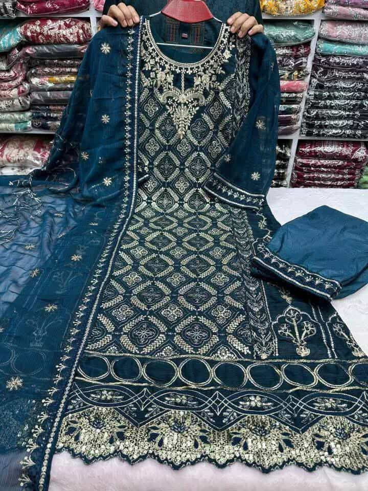 Readymade Indian Weightless Georgette Four-Piece with Heavy Sequenceরেডিমেড ইন্ডিয়ান ওয়েটলেস জর্জেট ফোর-পিস (হেভি এমব্রয়ডারি ও সিকোয়েন্স)।