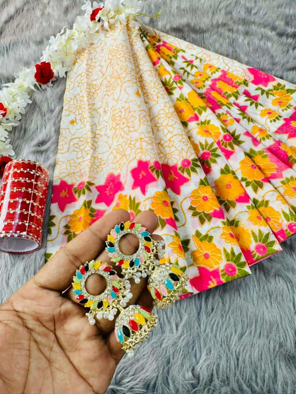 Student Budget Skin Print Saree Combo Pack with Jewelry & Gift Boxস্টুডেন্ট বাজেট স্কিন প্রিন্ট শাড়ি কম্বো প্যাকেজ (ঝুমকা ও চুড়ি সহ)