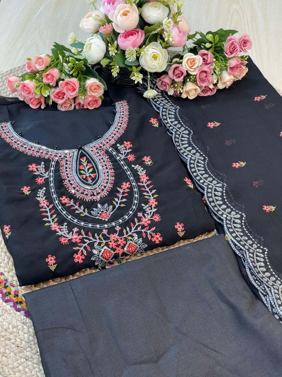Premium Luxury Chiffon Embroidery & Sequence Work Three-Piece -প্রিমিয়াম লাক্সারি শিফন এমব্রয়ডারি ও সিকুইন ওয়ার্ক জমকালো থ্রি-পিস