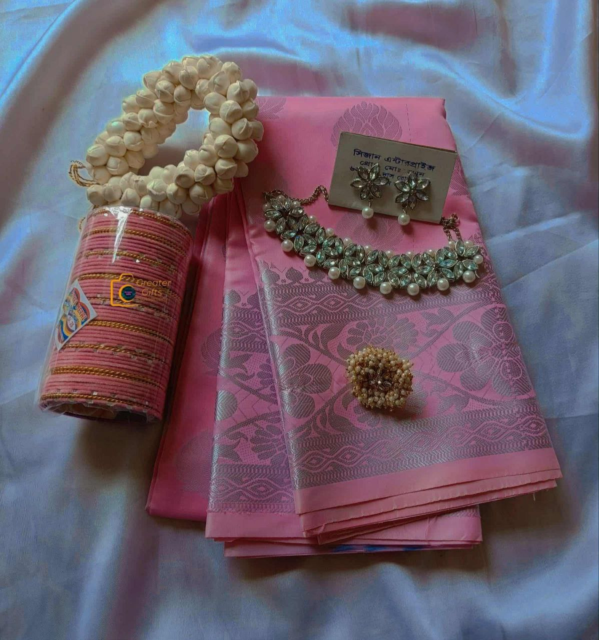 Charka Student Budget Katan Saree Combo Pack with Jewelry & Accessories-চরকা স্টুডেন্ট বাজেট কাতান শাড়ি কম্বো প্যাকেজ (জুয়েলারি ও এক্সেসরিজ সহ)